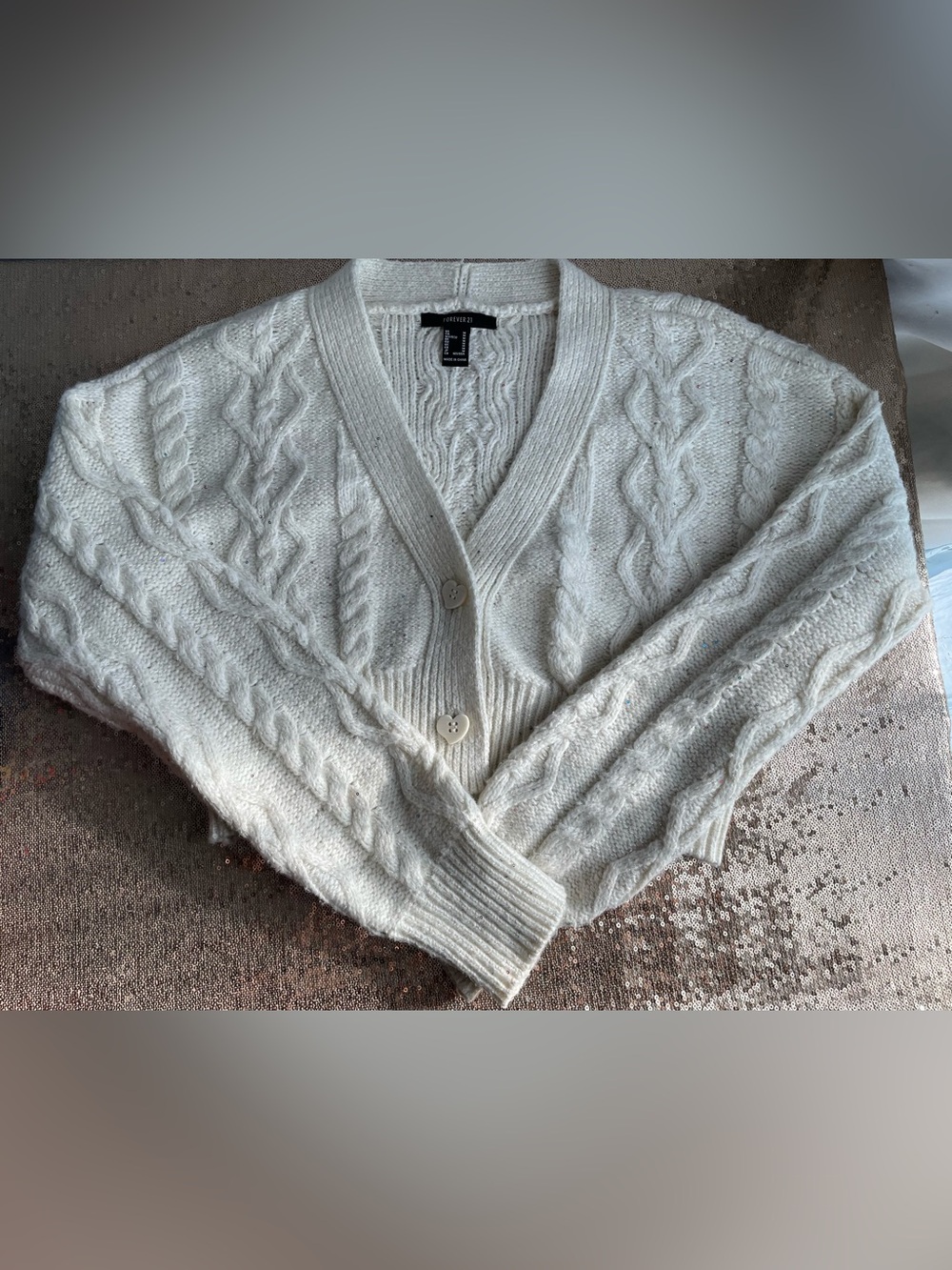 Beautiful Cream Metallic Cropped Cable Knit Cardigan size M
